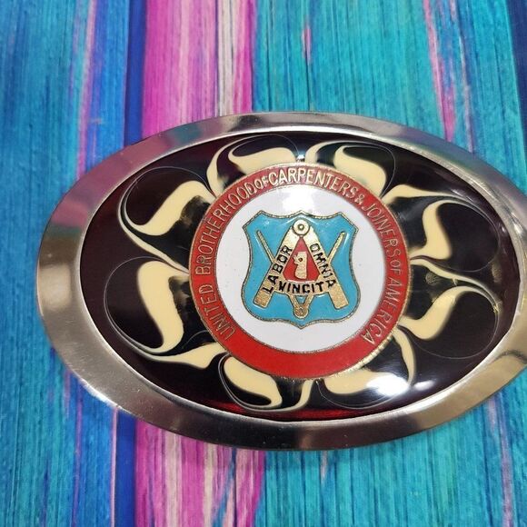 United Brotherhood of Carpenters and Joiners of America on Red Epoxy Belt Buckle - Picture 3 of 6